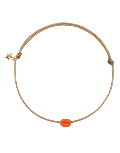 BETTY BOGAERS - Lips Rope Bracelet Neon Coral Enamel Beige Rope