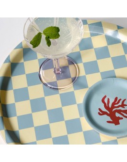 BLU KAT - Dienblad rond Checker Citroen geel/zeeschuim - 31 cm